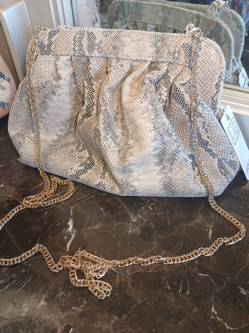 Urban Expressions Vegan Snake-Print Crossbody in Beige and Black with Gold Chain - Picture 6 of 14